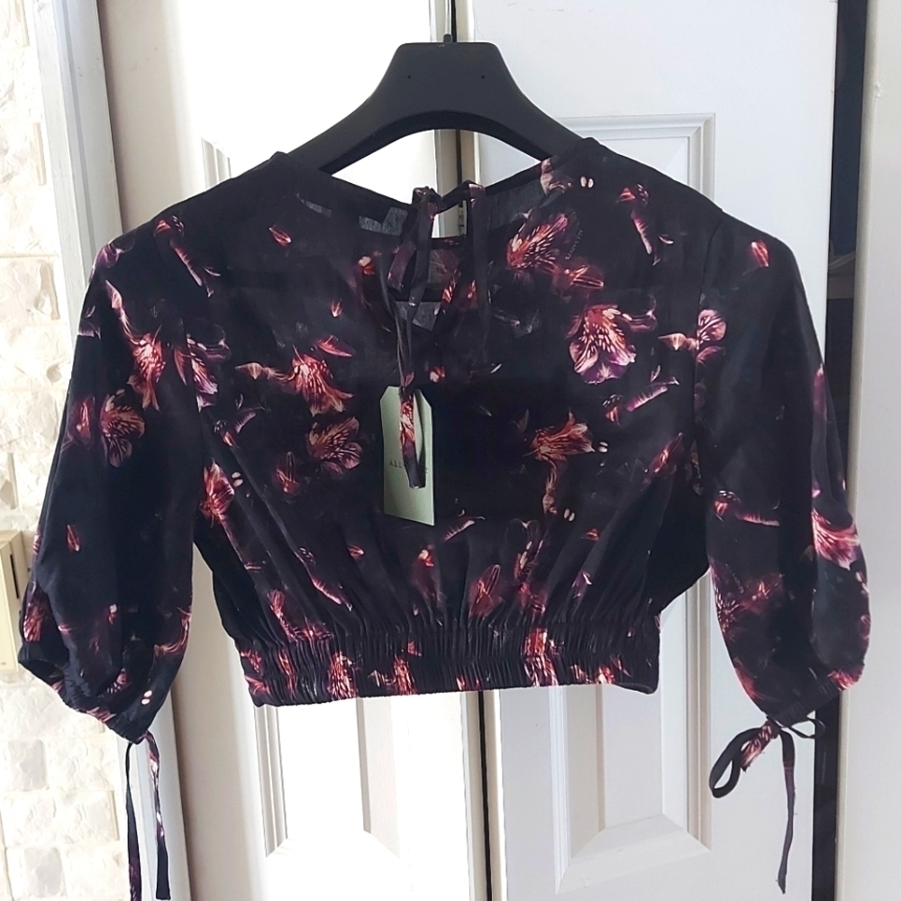 All Saints Black and Pink Floral Crop Top